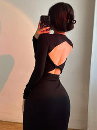 Sexy Backless WOMENGAGA Kink Maxi Long Dress Long-sleeve Round Neck Tight Slim Maxi Dress Long Robe Fashion Women Tops IT2O