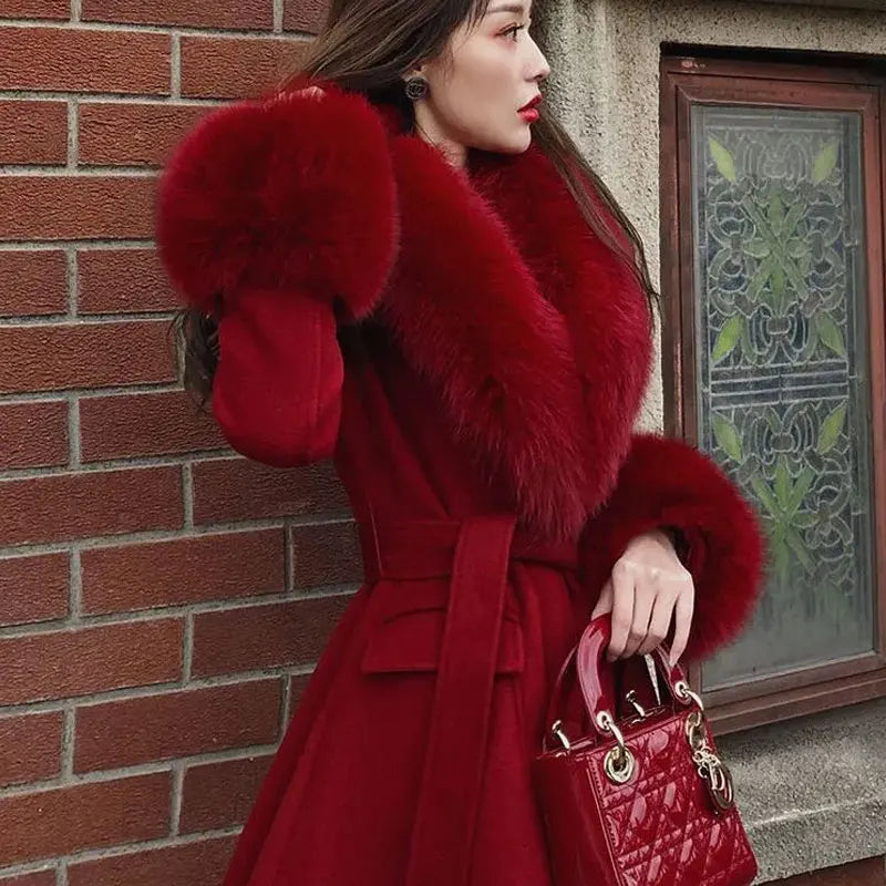 Winter 2025 Woolen Coat For Women Mid-Length Tie Slimming Fashionable Elegant Evening Dress Artificial Fur Collar Coats Female