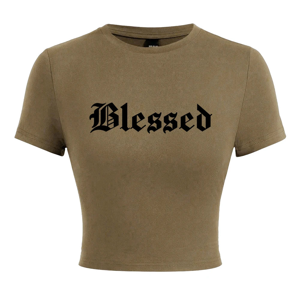Blessed Creativity Letter T Shirt Women Street Casual Tees Soft Tight Fitting Short T-Shirt Elastic Comfortable Tee Clothes