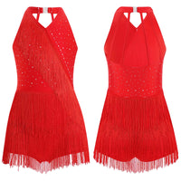 Kids Girls Latin Dance Cha-cha Samba Salsa Costume Rhinestones Fringe Leotard Dress Sleeveless Strappy Back Tassel Jumpsuit