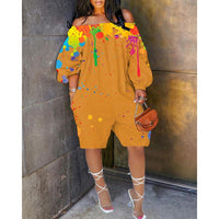 Sexy Women Ink Splash Print Off The Shoulder Long Sleeve Romper Oversized