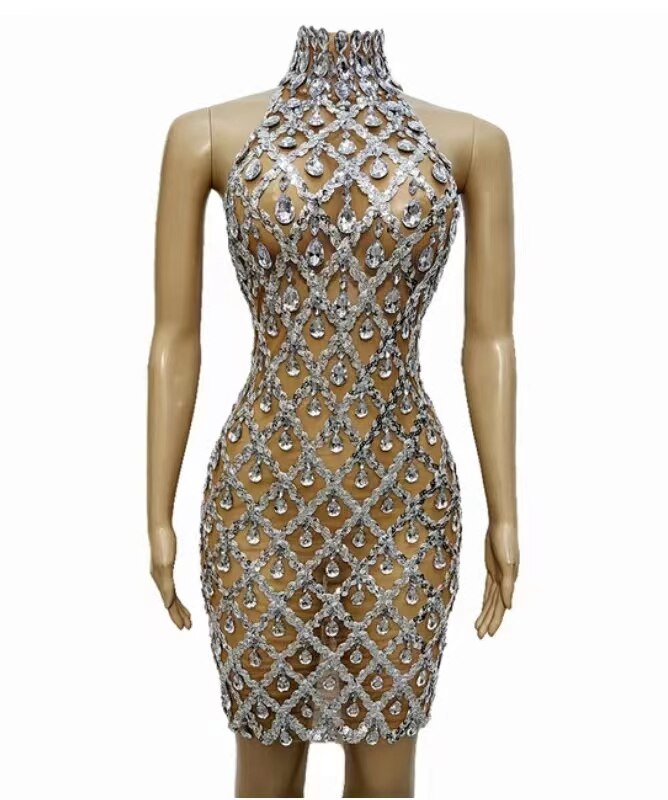 Luxury Evening Celebrate Prom Birthday Party Transparent Dress Gold Black Sequins Rhinestones Mesh Short Dress Singer Stage Wear