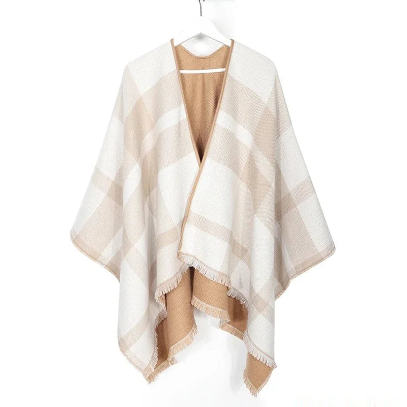 2023 Women's V-neck Cashmere Bat Sleeved Poncho Cape Coat Shawl Cardigan Argyle with Tassels Detail Female Spring Autumn Ponchos
