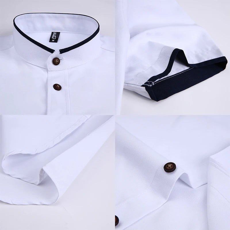 BROWON Summer Shirt Men Short Sleeve Slim Fit Stand Collar Solid Color Shirts for Men Clothing Oversized Button Up Shirt