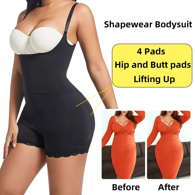 High Waist Shapewear Bodysuit for Women 4-Pad Butt and Hip Lifter Adjustable Shoulder Straps Tummy Control Slimming Fit