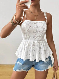 Women's Cami Top White Boho Eyelet Tank Top Strap Square Neck Peplum Hem Ruffle Spring Summer Casual Beach Vacation Blouse