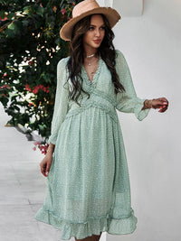 Boho Summer Dress Women 2022 Ruffles Print V Neck Chiffon Midi Dress Wrist Flare Sleeve Empire Holiday Beach Dresses Woman