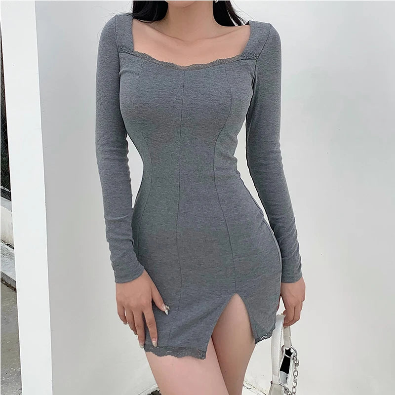 Sexy Knitted Sheath Dress Summer Women Solid Colors High Waist Pullover Style Long Sleeve 2023 Fashion Streetwear Split Dress