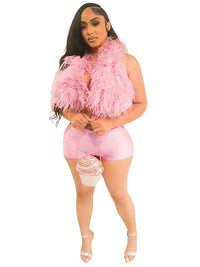 Luxury Fur Patchwork 2 Pieces Set for Woman Outfit Summer 2025 New Tank Top and Stretch Shorts Midnight Club Wear Party Suits