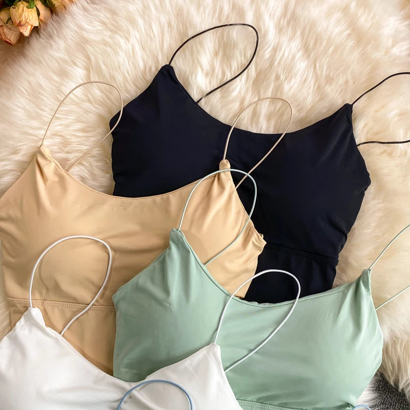 Summer Bra Ice Silk Crop Tops Sports Spaghetti Strap Vest Top Women Sexy Built In Bra Off Shoulder Sleeveless Camisole Underwear