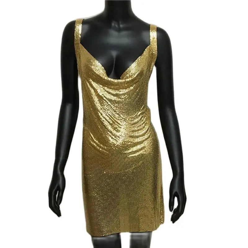 Sexy Metallic Sequin Mini Dress For Women Backless Cocktail Club Glitter Low Cut Halter Dress Rave Party Nightclub Dresses