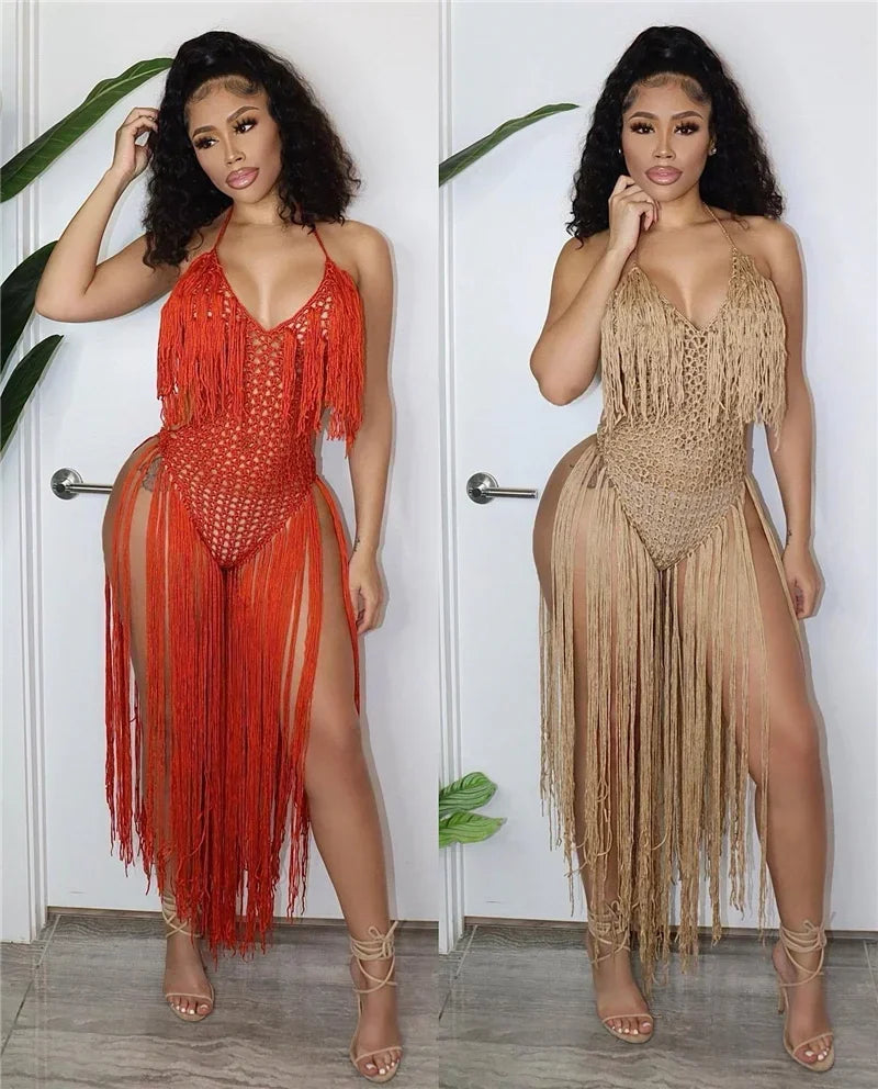 Sexy Crochet Knitted Beach Summer Dress Women Halter V-neck Tassel Backless Maxi Dress Vacation Sheer Long Dresses Swimsuit 2024