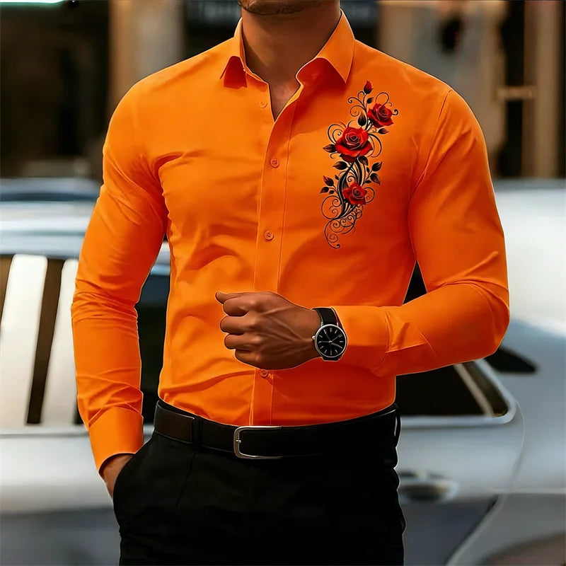 Men's long-sleeved shirt, featuring a vintage red rose print design.  A stylish business casual shirt and fashionable men's top.