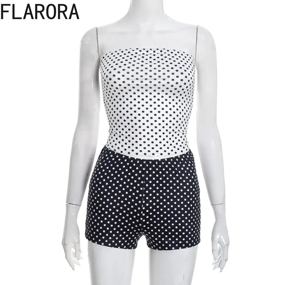 FLARORA Fashion Polka Dot 2 Piece Sets Woman Strapless Crop Tube Tops And Skinny Shorts Outfits Sexy Hottie Street Tracksuits
