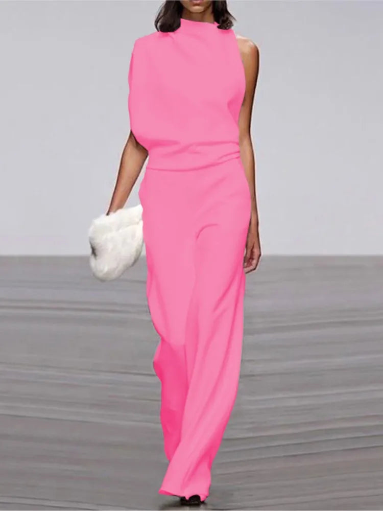 Spring And Summer Simple Solid Color Fashion One-shoulder Pile Collar Jumpsuit British Style Mid-waist Pleated Hollow Jumpsuit