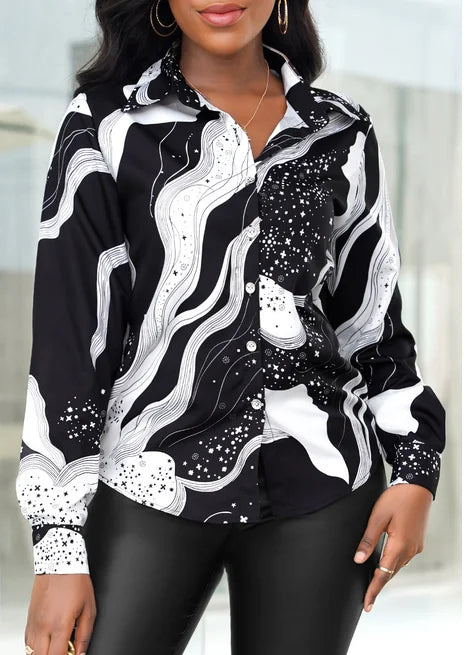 Women's Color Block Chain Print Button Shirt   Stylish and Comfortable Long Sleeve Top for Spring and Fall