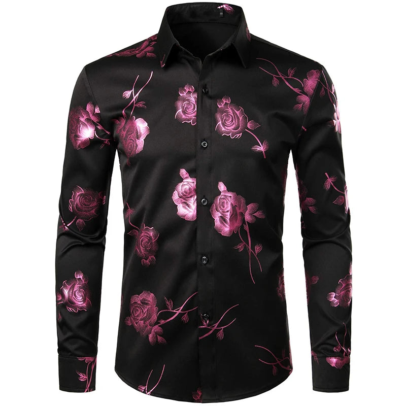2024 New Men's Gold Shirt 3D Rose Print Slim Fit Button-Down Party Dress Shirt Athleisure Fashion Comfortable Long Sleeve