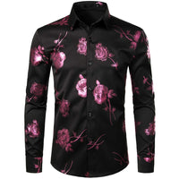 2024 New Men's Gold Shirt 3D Rose Print Slim Fit Button-Down Party Dress Shirt Athleisure Fashion Comfortable Long Sleeve