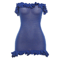 Ruffles Knitted Strapless Mini Dress Women Sexy Lace Up Bandage Backless Stretch Crochet Bodycon Club Party Dresses Vesitdos