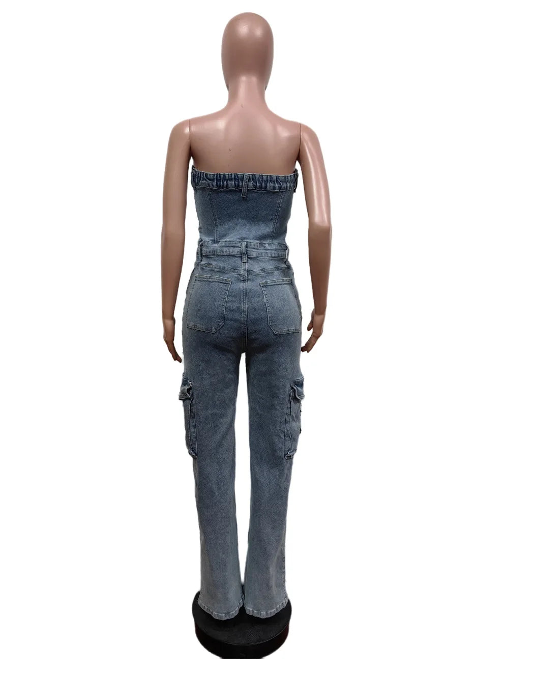 Streetwear Jeans Cargo Jumpsuit Sexy Women Strapless Elegant Wide Leg Denim Straight Romper Overalls
