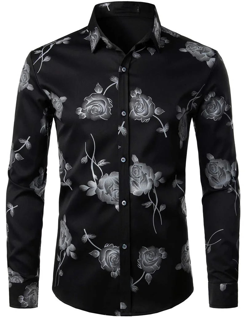 Mens Gold Rose Floral Print Shirts Brand Floral Steampunk Chemise White Long Sleeve Wedding Party Bronzing Camisa Masculina New