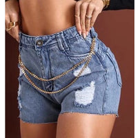 Wepbel Jeans Pants Women Chain Decor Ripped Chain Stitching Ripped Skinny Denim Shorts Summer Short High Waist Denim Shorts