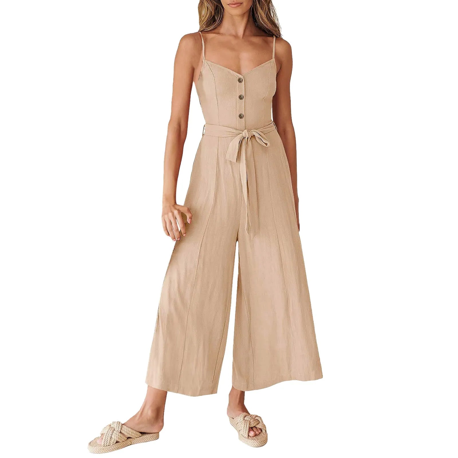 2023 Women Summer Spaghetti Straps V Neck Smocked Wide Leg Jumpsuits Button Rompers With Belt Lady Teen Girls Causal Jumpsuits