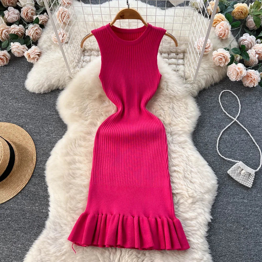Summer Knitted Bodycon Sexy Dress 2026 O Neck Sleeveless Ruffled Party Sundress High Street Elastic Slim Short Dress