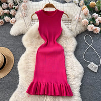 Summer Knitted Bodycon Sexy Dress 2026 O Neck Sleeveless Ruffled Party Sundress High Street Elastic Slim Short Dress