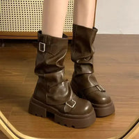 Shoes for Women  Mid-Calf Women's Boots Platform Modern Boots Women Belt Buckle Square Toe Side Zip Square Heel Shoes Female