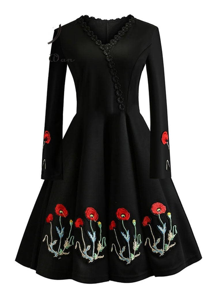 Women Embroidery Vintage Dress Black Elegant Bodycon Party Dresses