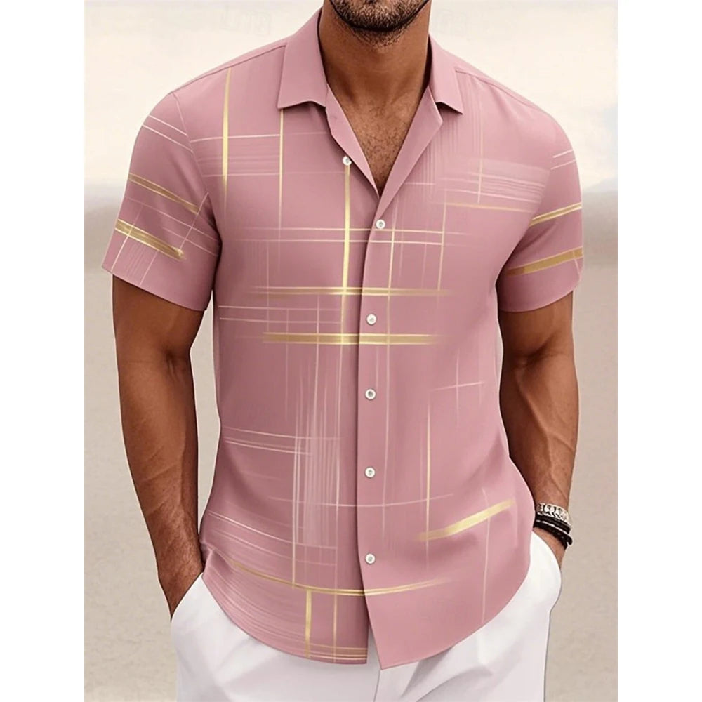 Men's Geometric Plaid Button Shirt Casual Fashion Outdoor Vacation Street Trend Turndown Shirt 3D Printed Short Sleeve Shirts