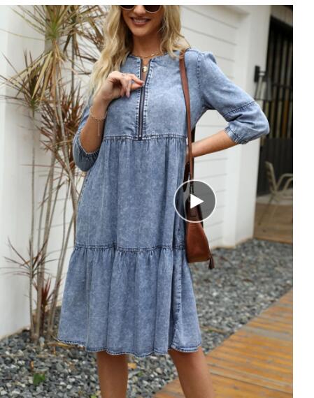 Fashion Jeans woman clothing 3/4 sleeve + cover knee dress summer fashion casual skin-friendly slim classic Denim Dress