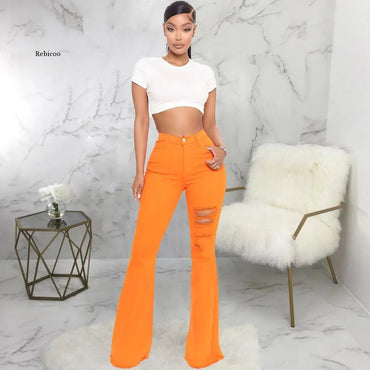 Fashion Ladies Jeans Flared Pants Super Stretch Jeans Orange Slim Pants XL Ripped Jeans Women's High Waist Rose Red Jeans