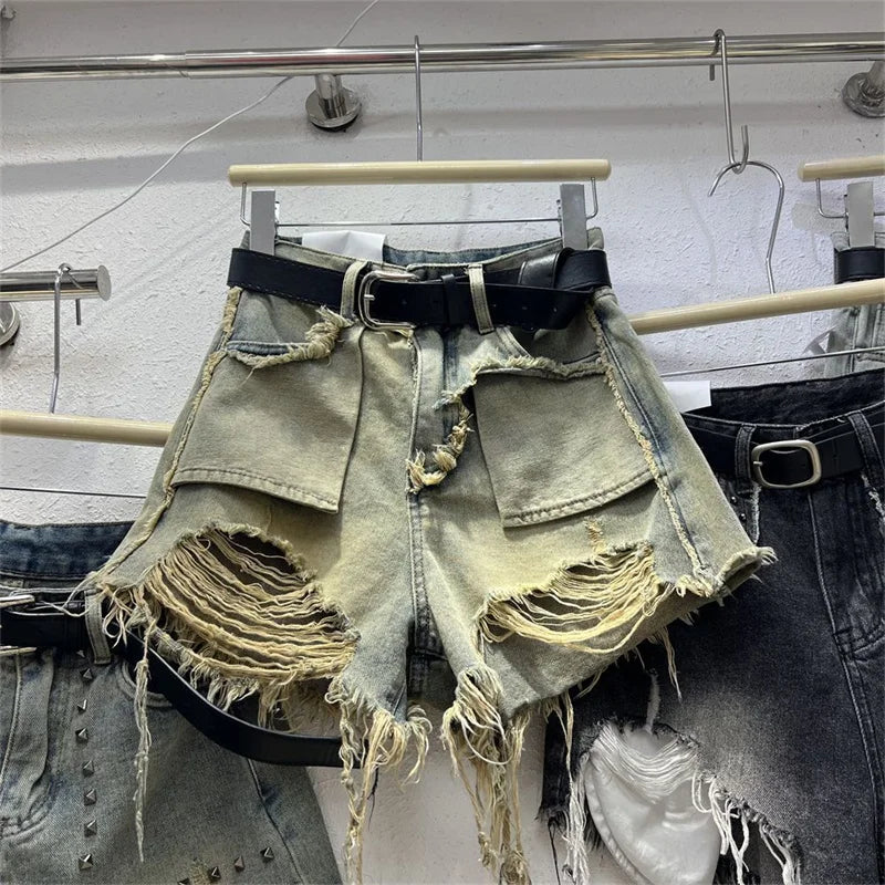 Women's Blue Ripped Denim Shorts Fashion High Waist Shorts Jeans Y2k Korean Mini Jeans Shorts Harajuku 90s 2000s Clothes Summer