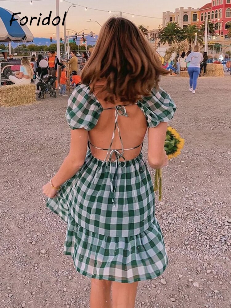 Foridol Lace Up Backless Gingham Chiffon Summer Dress Vintage A-line Puff Sleeve Plaid Short Dress Chic Blue Holiday Dress 2023