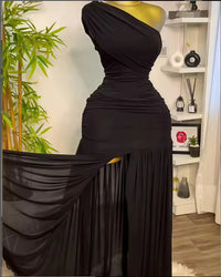 Stylish Evening Sexy Club Party Holiday Maxi Dress for Women Elegant Skew Neck One Sleeve Off Shoulder Mesh Slit Long Dresses