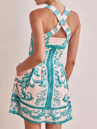 Women Summer Sexy Printed A-line Mini Dress Fashion Casual Blackless Sleeveless High Waist Off Shoulder Vestidos Party Dresses