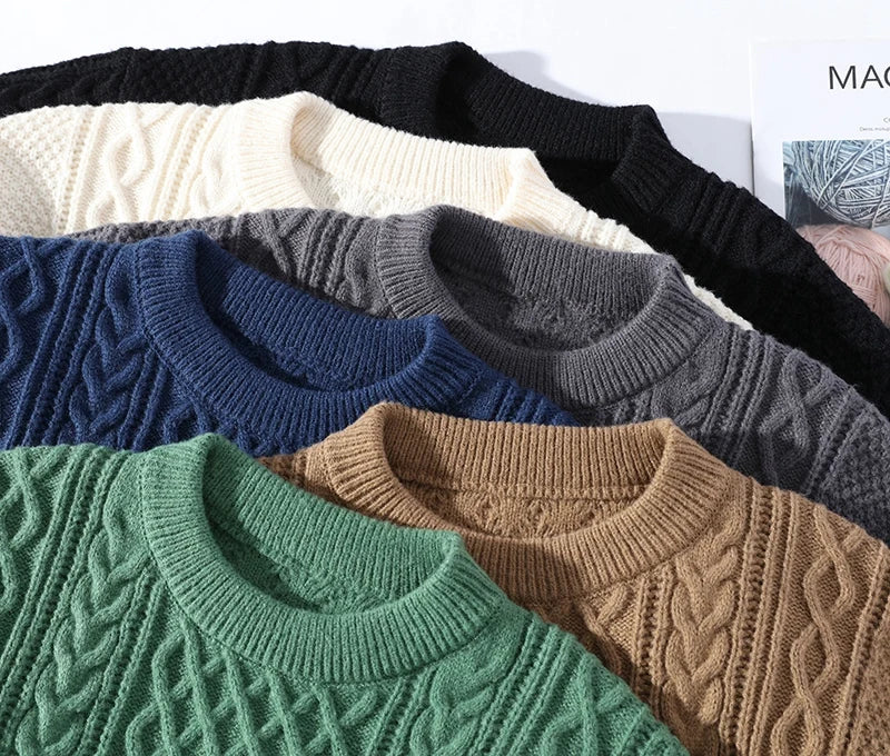 Winter Men Vintage Twist Sweater Round Neck Solid Color Male Fit Knitted Pullover Loose Harajuku Mens Retro Sweaters Multicolors