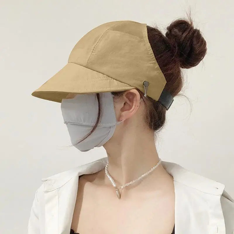 1× Foldable Wide Brim Ponytail Sun Hat Summer Autumn Outgoing UV Protection Bucket Hat for Women Fisherman Caps with Mask Button