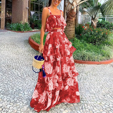 Women Summer Boho Beach Two Piece Set Sexy Skirt Set Crop Top+Maxi Long Skirt Floral Printed Ruffles High Waist Casual Two Piece