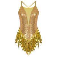 Womens Sparkly Tassel Bodysuit Sequins Gymnastics Ballet Dance Leotard Fringed Jumpsuits Latin Jazz Dance Performance Costume
