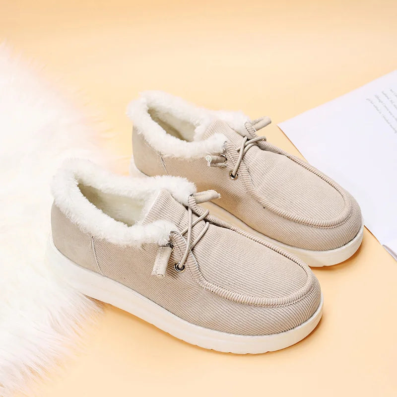 2022 Winter New Women's Shoes Lace Up Canvas Flat-heel Casual Cotton Shoes Ladies Plus Velvet Warm Shoes Women Plus Size 35-43