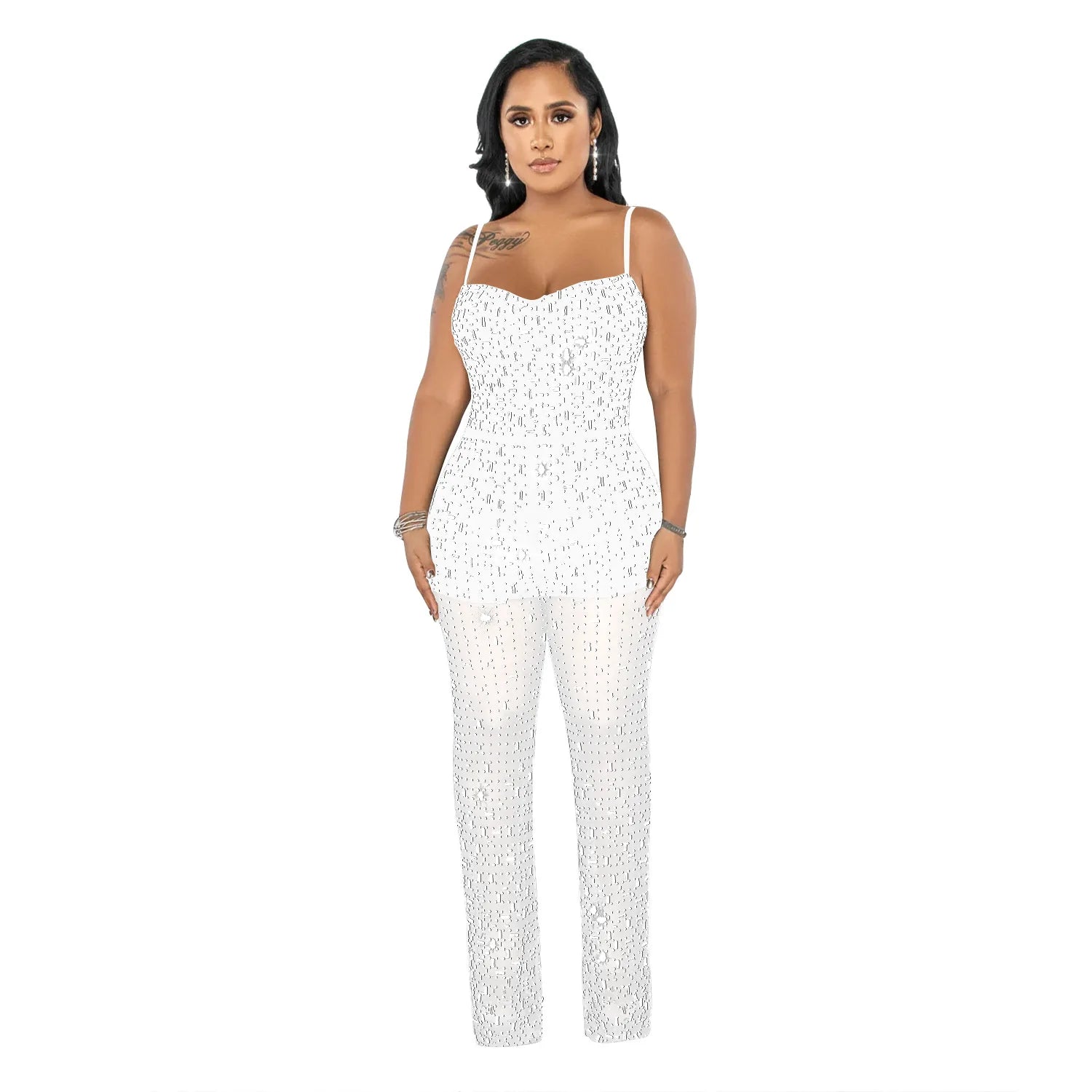 Sexy Rhinestone Mesh Jumpsuit Sleeveless See Through One