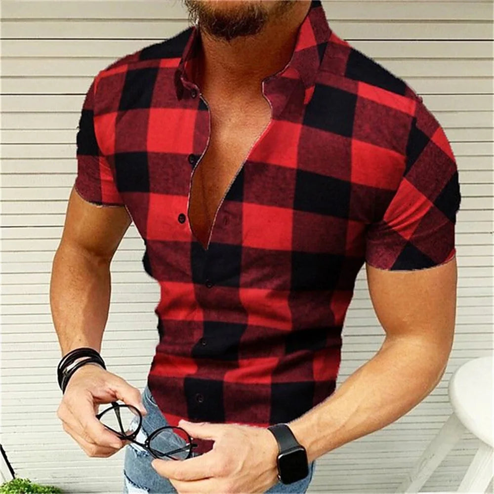 Men's retro plaid short sleeved flip collar printed shirt for street leisure and high-quality vacation designer clothing