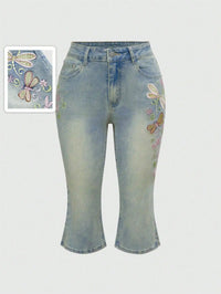 Y2K Fairycore Dragonfly Embroidery Capri Jeans, Low Waist, Summer Retro Style