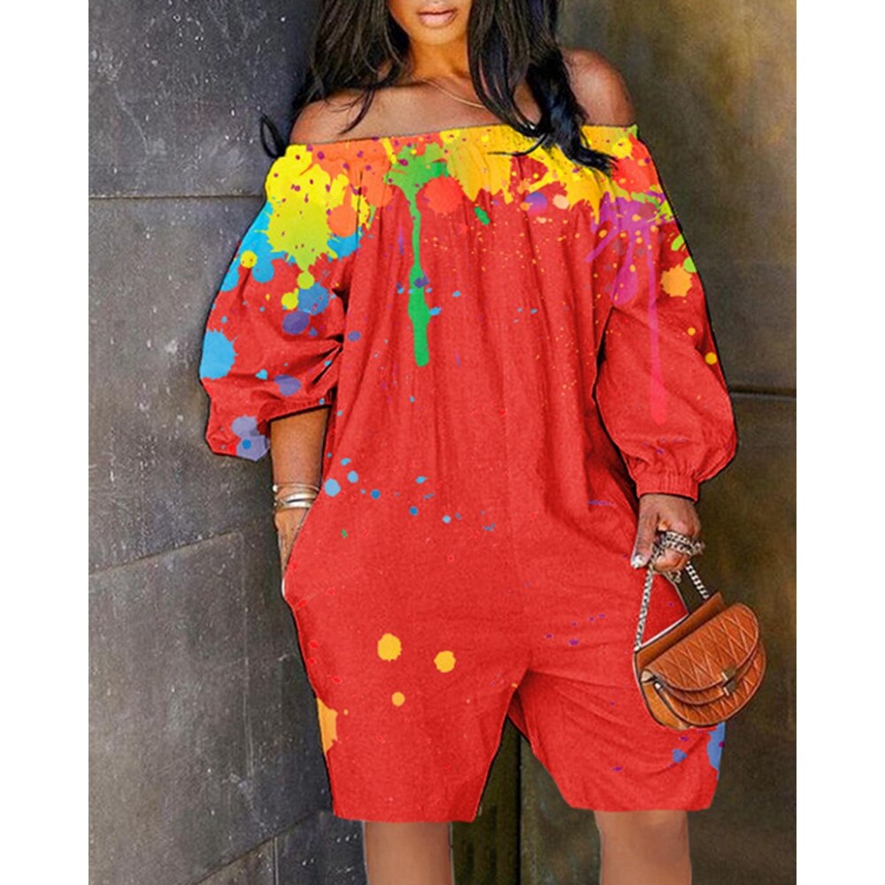 Sexy Women Ink Splash Print Off The Shoulder Long Sleeve Romper Oversized