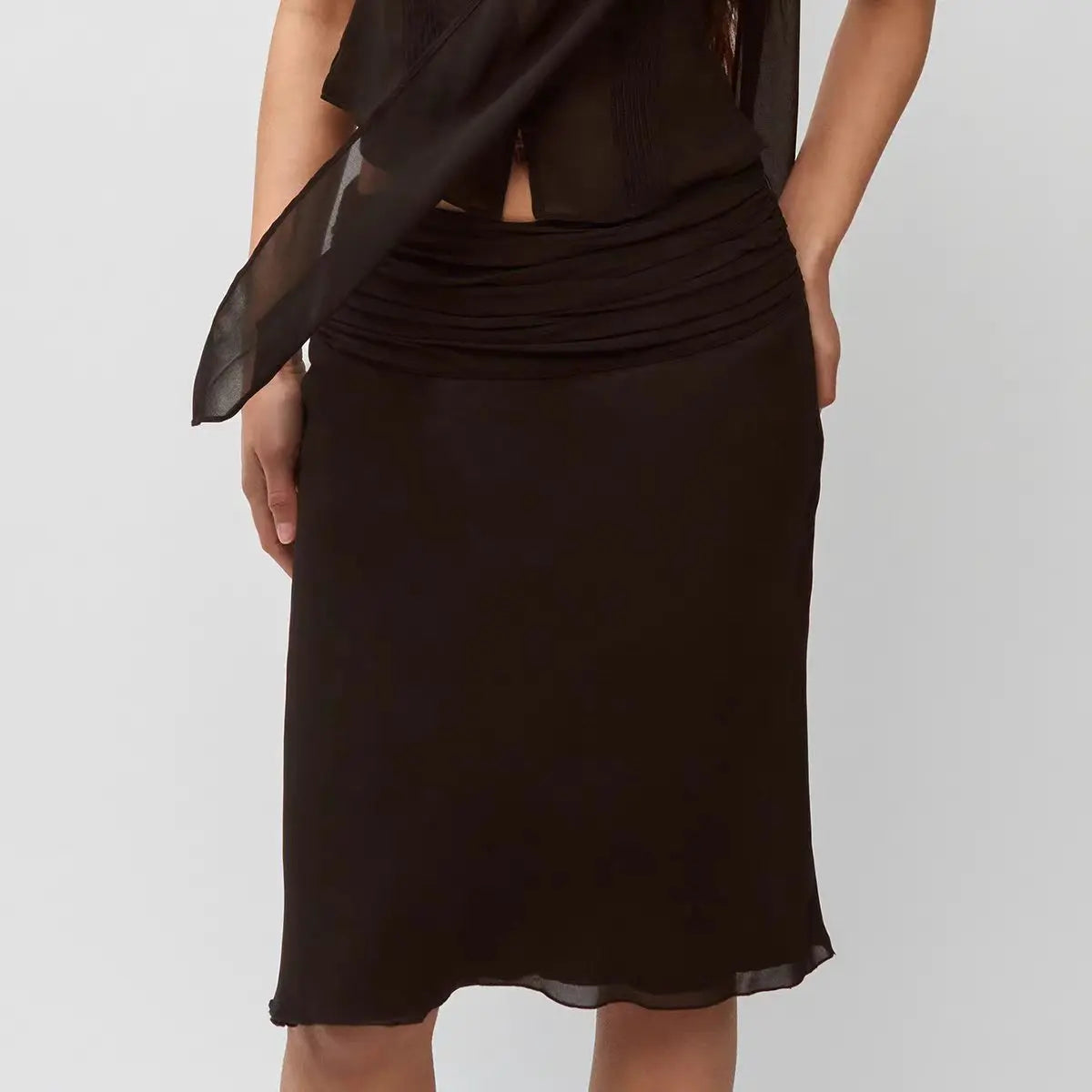 Guiz Apricot Silk Scarf Ribbon Chiffon Shirt Semi-Transparent High-Waist Waist-Cinching Top Low-Waist Pleated Skirt