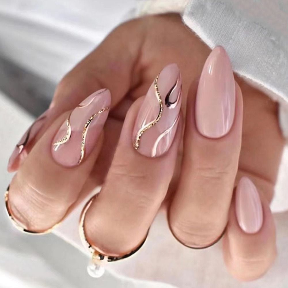 24Pcs Oval Head False Nails Pink Almond Artificial Fake Nails With Glue Full Cover Nail Tips Press On