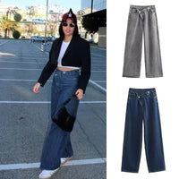 2025 Fashion Women Slanted Placket Blue Jeans Female Wide Leg Pants Long Pants High Street Ripped Jeans Versatile Retro